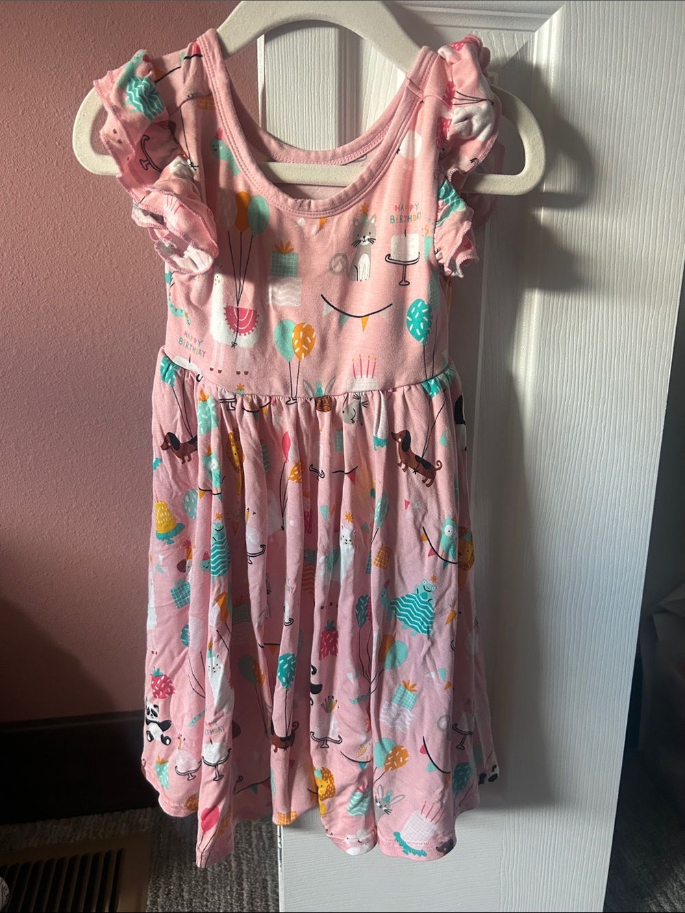 Pink Party Print Ruffle-Sleeve Kids Dress